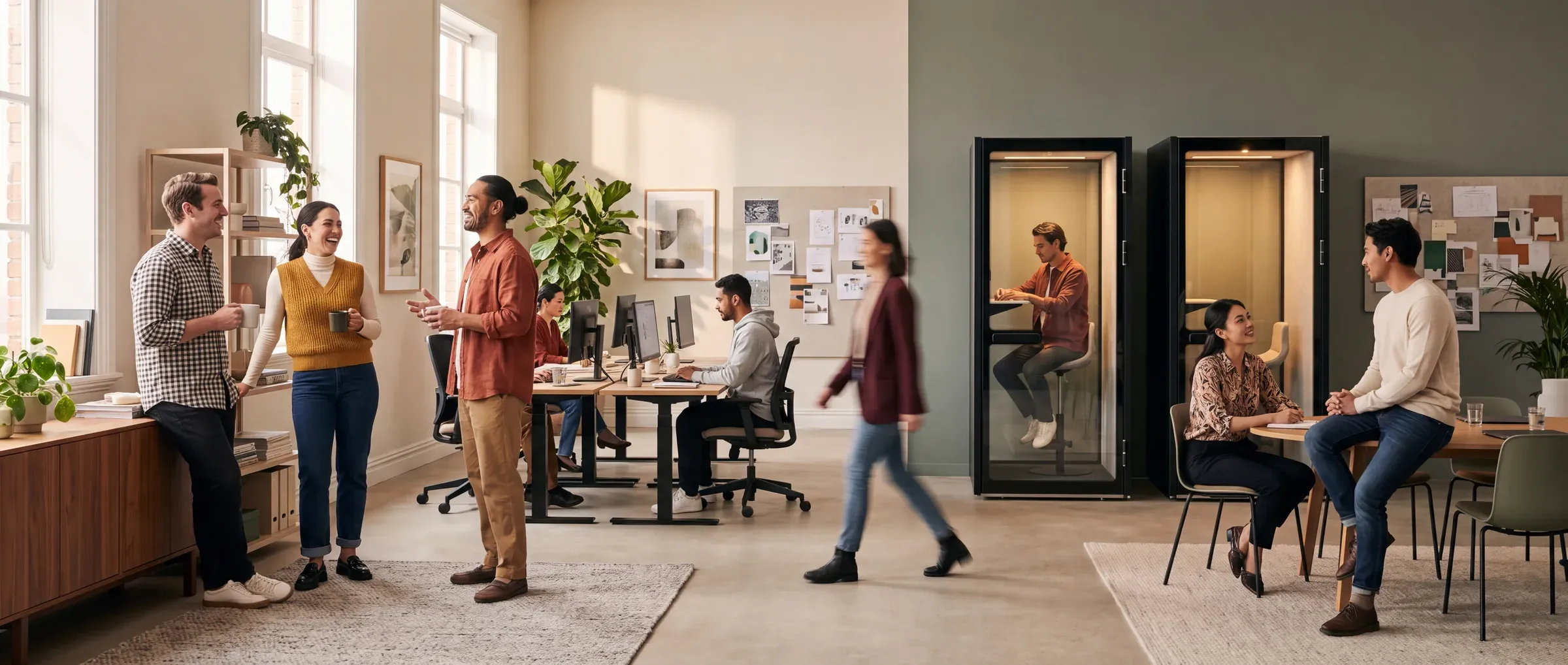 A busy open-plan office with two Peacepod acoustic booths against the far wall